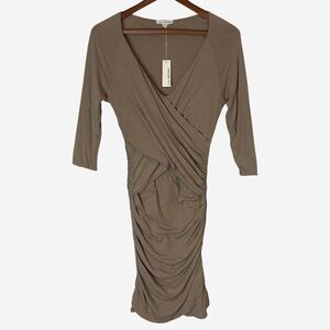 Standard James Perse Cotton V-Neck Ruched Bodycon Dress Tan